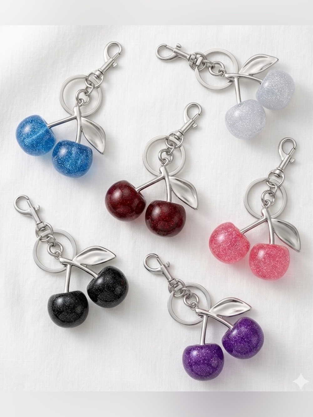 Glitter Cherry Bag Charm Keychain Resin Fruit Purse Key Ring Silver Tone Large